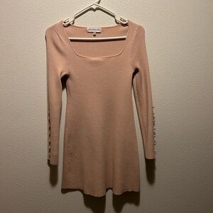 Ribbed Tan Sweater Dress w/ Button Detail